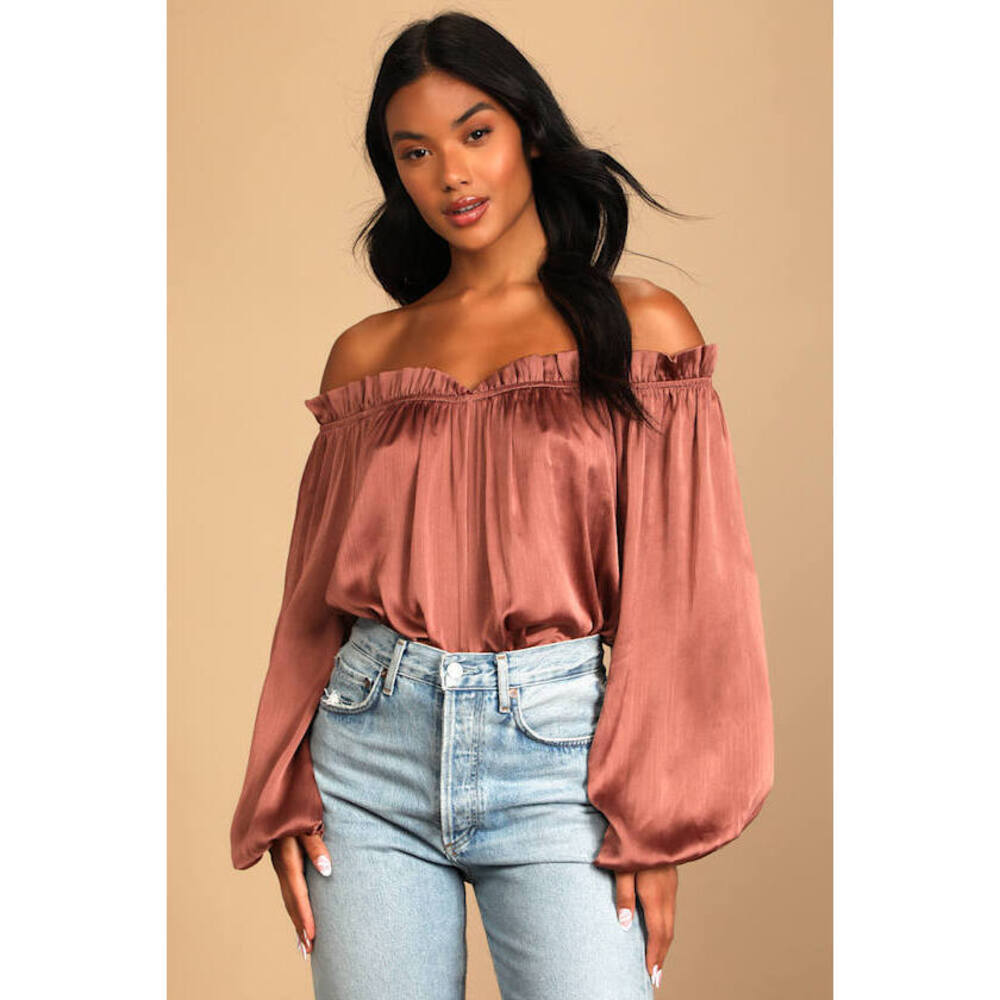 Lulus Making Moments Taupe Long Sleeve Off-the-shoulder Bodysuit - Size S